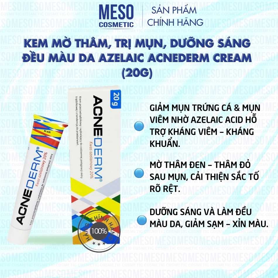Kem mờ thâm, trị mụn, dưỡng sáng đều màu da Azelaic Acnederm cream (20g)