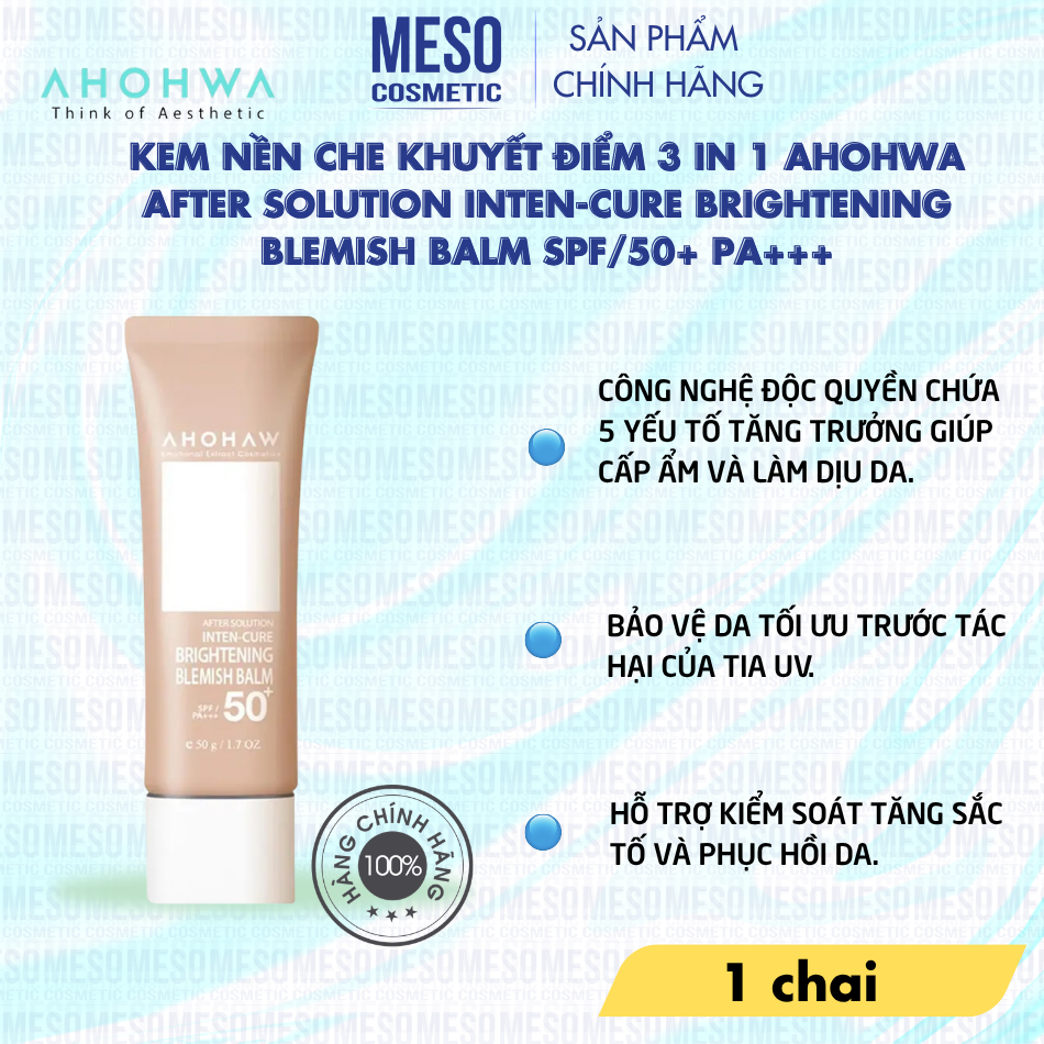 Kem nền che khuyết điểm 3 in 1 Ahohwa After Solution Inten-Cure Brightening Blemish Balm SPF/50+ Pa+++