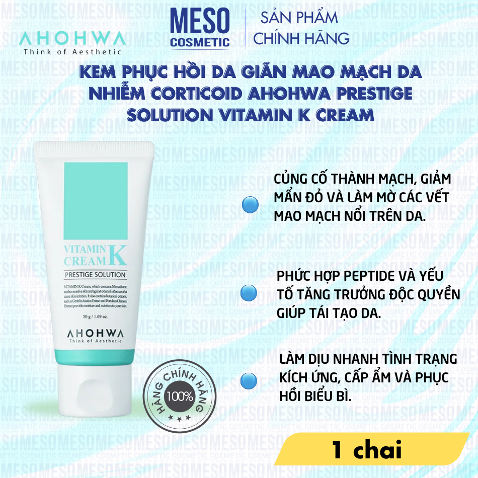 Kem phục hồi da giãn mao mạch da nhiễm corticoid Ahohwa Prestige Solution Vitamin K Cream
