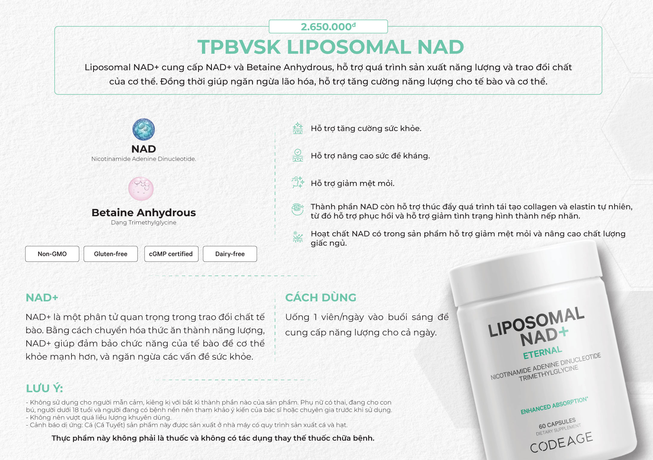 Liposomal NAD+ Codeage – Hỗ Trợ Chống Lão Hóa, Tăng Năng Lượng Tế Bào & Bảo Vệ Sức Khỏe Toàn Diện