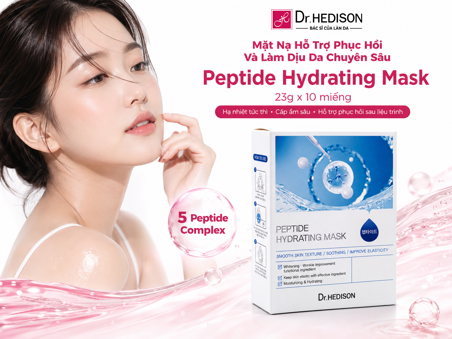 Mặt nạ Cấp ẩm, phục hồi da nhạy cảm Dr.Hedison Peptide Hydrating Mask 23g x 10 miếng