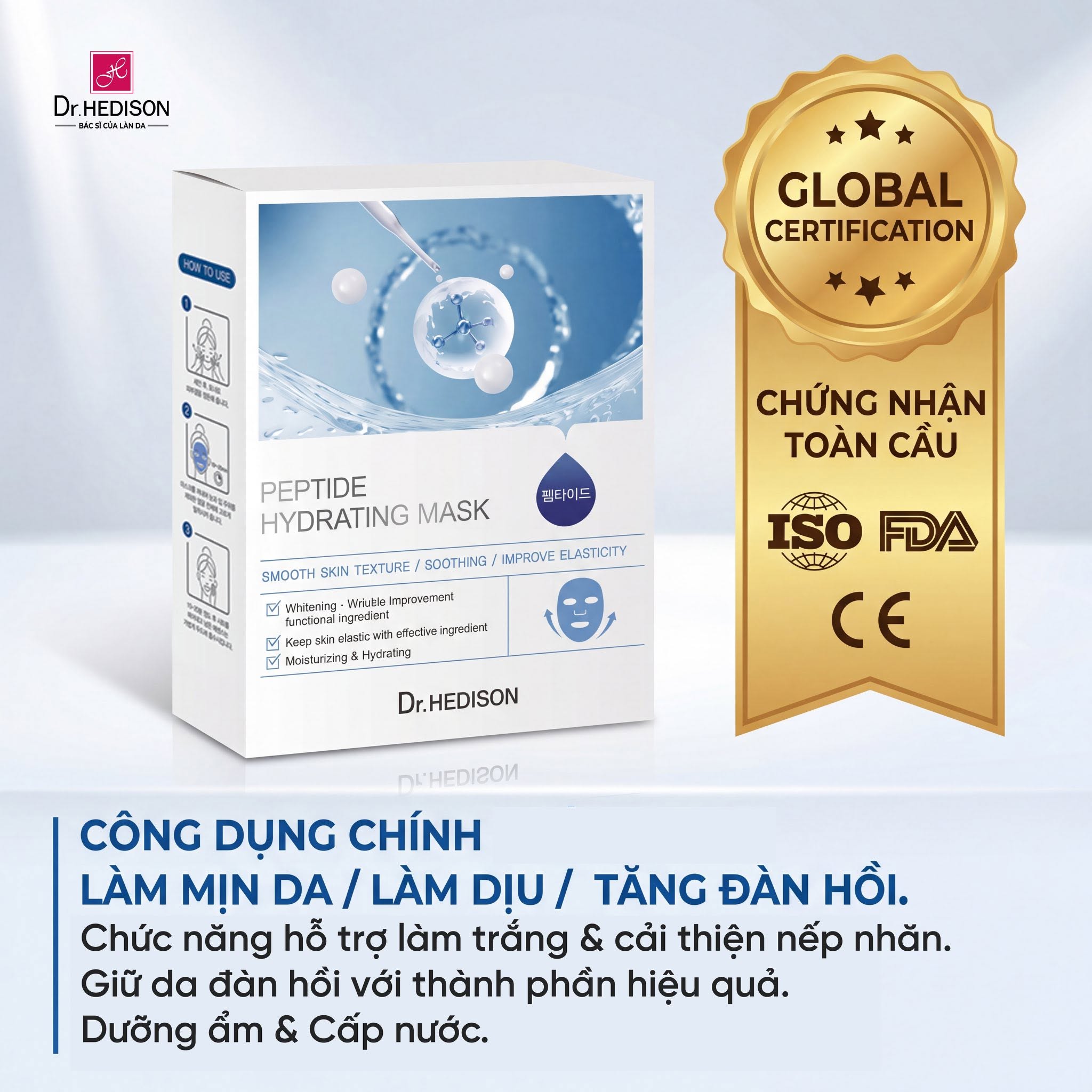 Mặt nạ Cấp ẩm, phục hồi da nhạy cảm Dr.Hedison Peptide Hydrating Mask 23g x 10 miếng