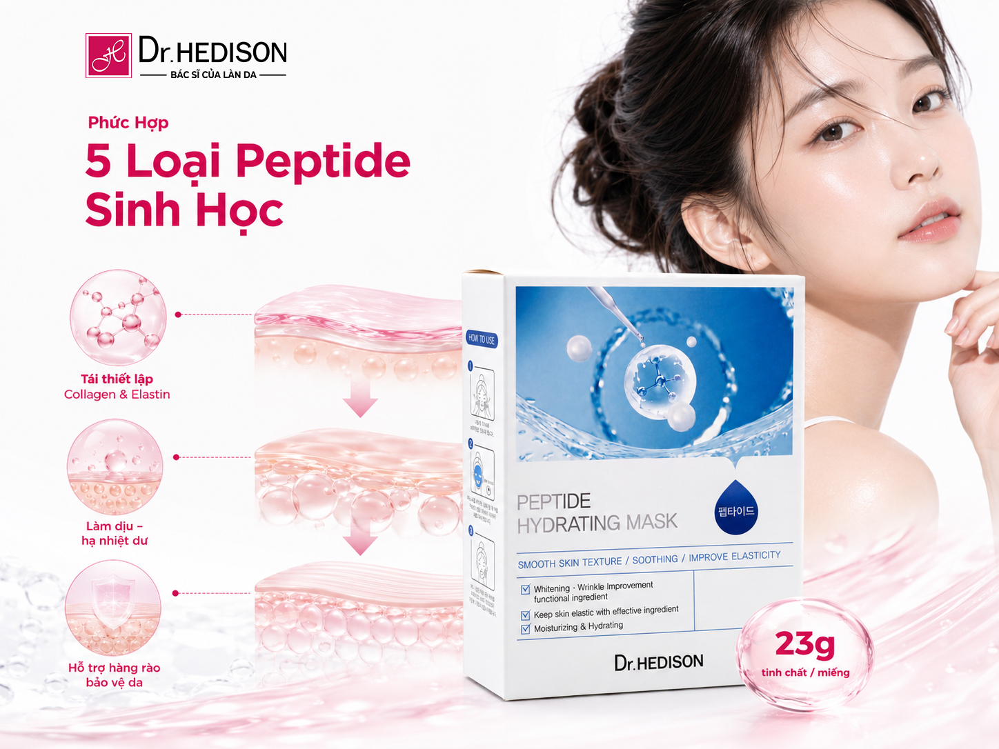 Mặt nạ Cấp ẩm, phục hồi da nhạy cảm Dr.Hedison Peptide Hydrating Mask 23g x 10 miếng
