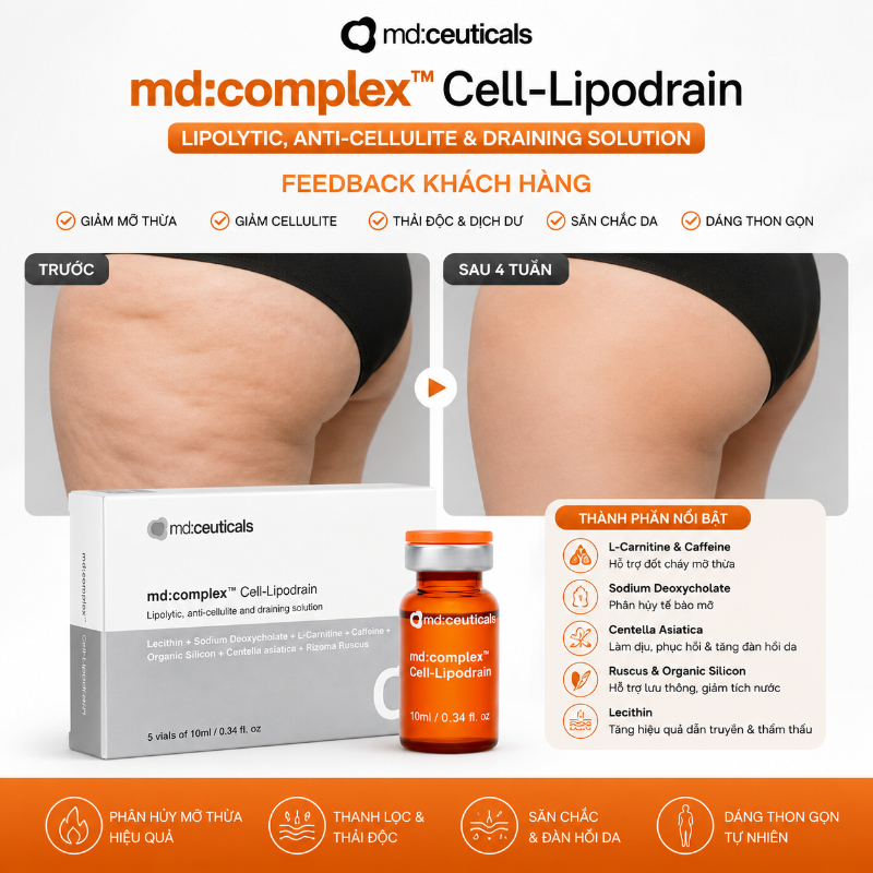 Meso thon gọn V-Line vùng mặt, giảm béo vùng bụng, eo đùi Md:Ceuticals Md:Complex Cell-Lipodrain Cx