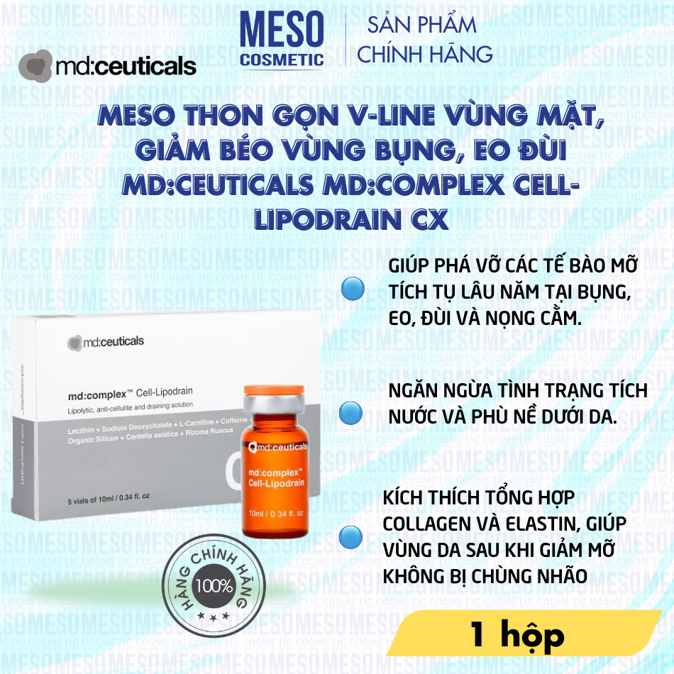 Meso thon gọn V-Line vùng mặt, giảm béo vùng bụng, eo đùi Md:Ceuticals Md:Complex Cell-Lipodrain Cx