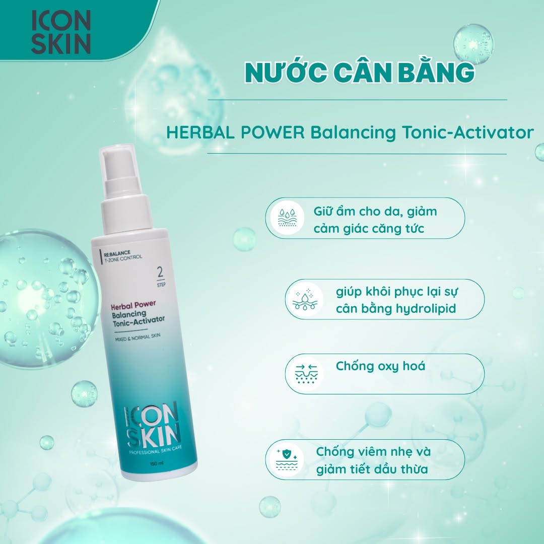 Nước cân bằng cho da dầu, da hỗn hợp Icon Skin Herbal Power Balancing Tonic-Activator