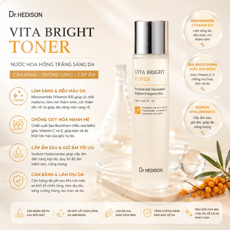 Nước hoa hồng cấp ẩm, làm dịu & dưỡng sáng da Dr.HEDISON Vita Bright Toner 150ml-500ml