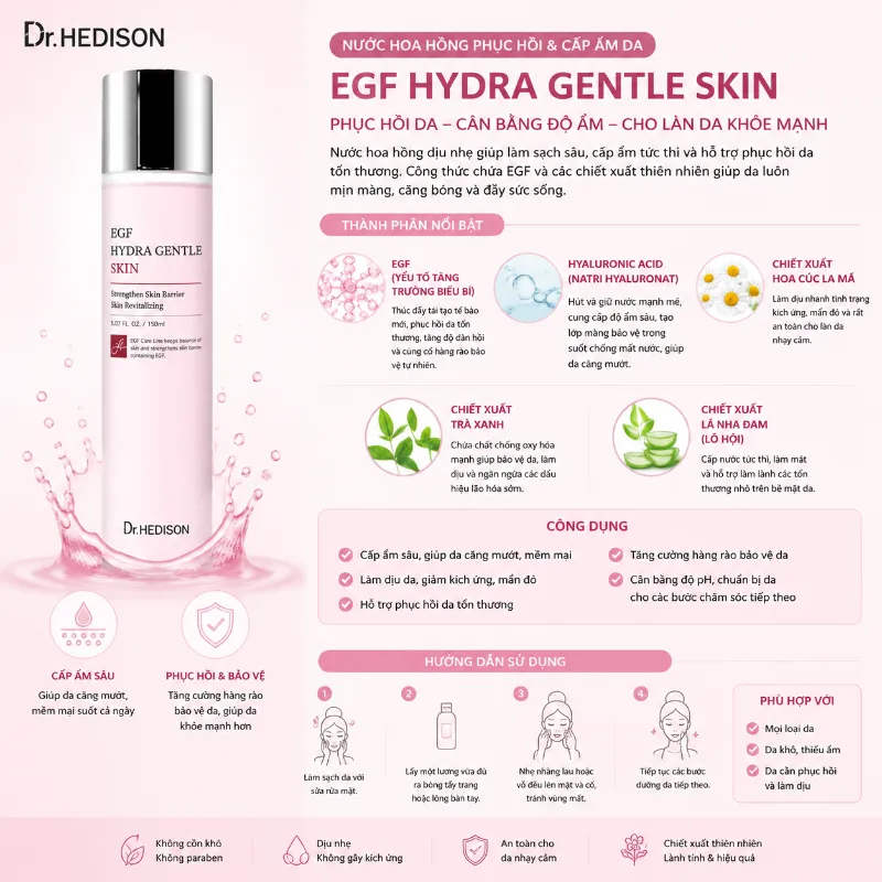 Nước hoa hồng tái tạo tế bào gốc Dr.Hedison EGF Hydra Gentle Skin 150ml/500ml | Phục hồi da, cấp ẩm chuyên sâu
