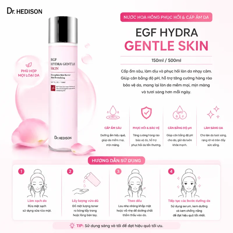 Nước hoa hồng tái tạo tế bào gốc Dr.Hedison EGF Hydra Gentle Skin 150ml/500ml | Phục hồi da, cấp ẩm chuyên sâu