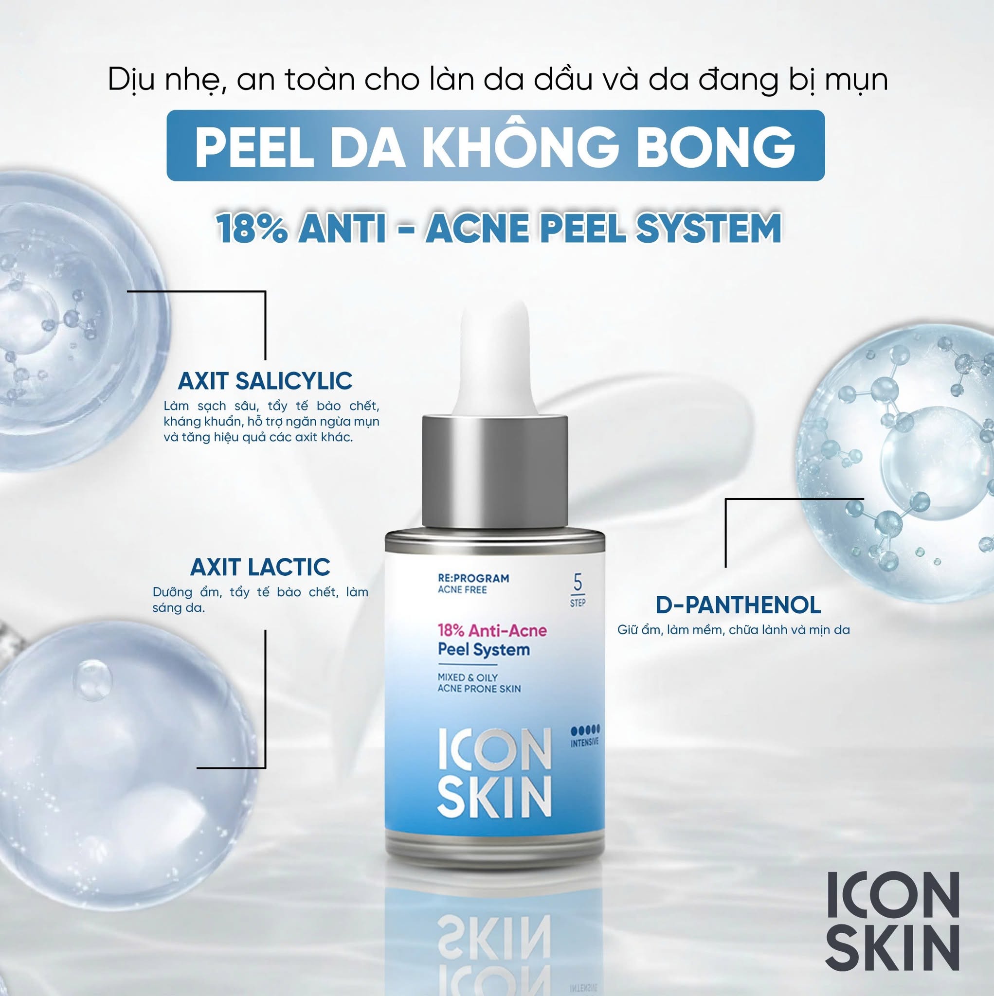 Peel da không bong cho da dầu, da hỗn hợp Icon Skin 18% Anti-Acne Peel System