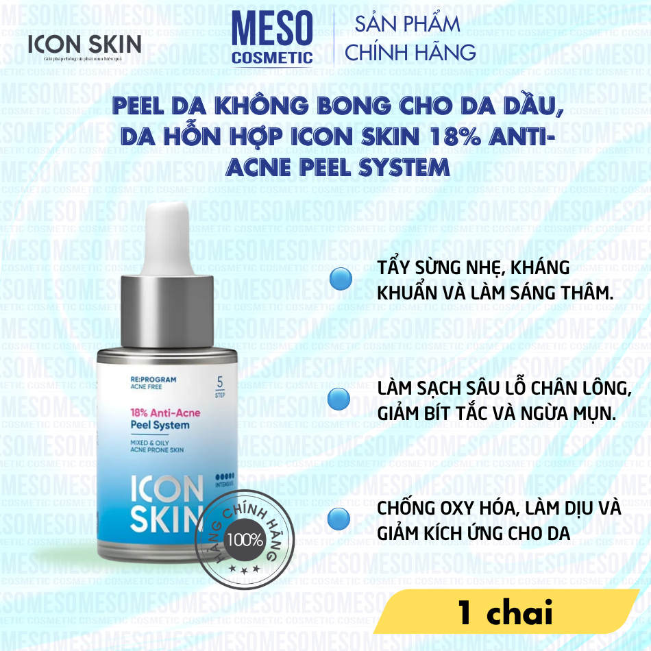 Peel da không bong cho da dầu, da hỗn hợp Icon Skin 18% Anti-Acne Peel System