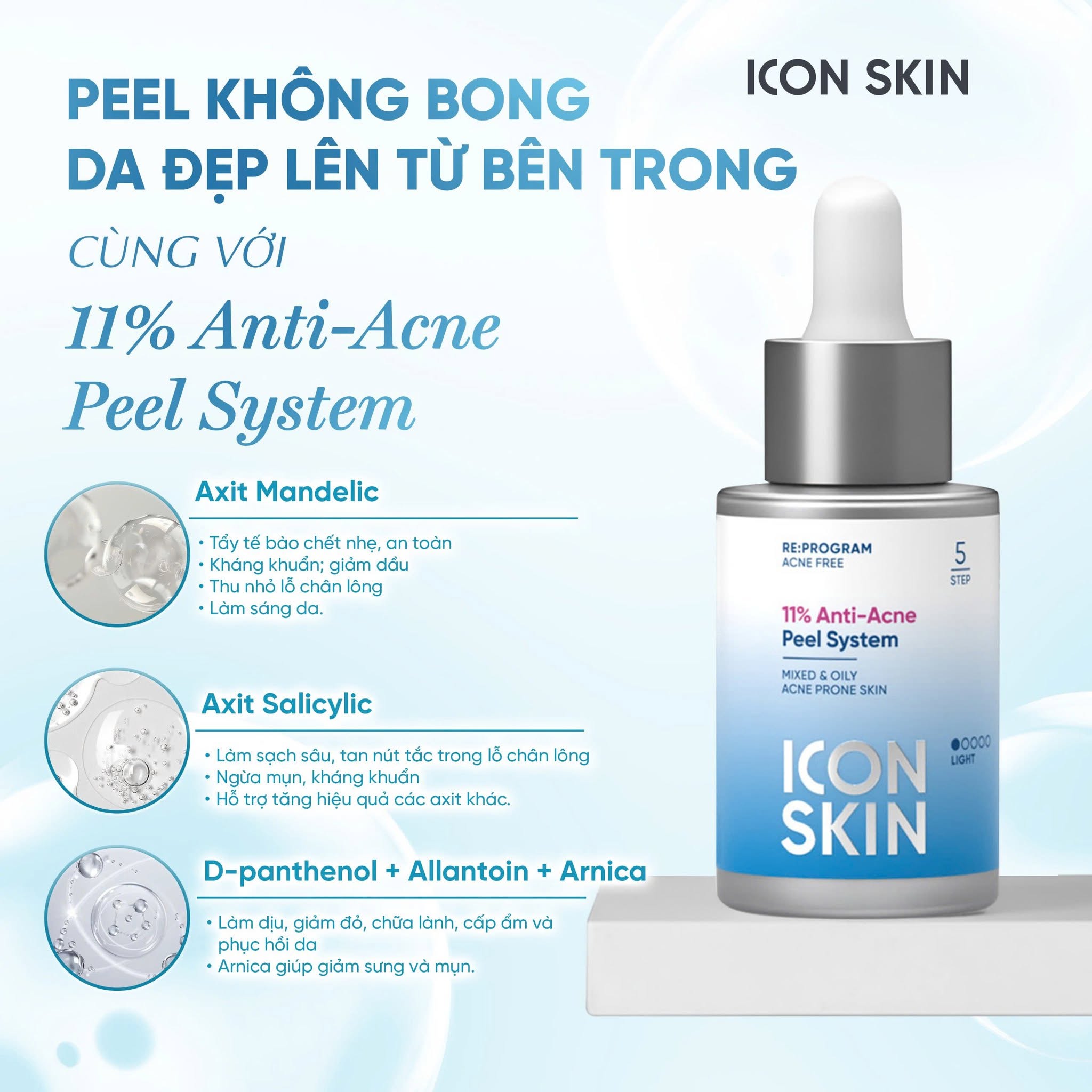 Peel da không bong cho da nhiễm corticoid, da nhạy cảm Icon Skin 11% Anti-Acne Peel System