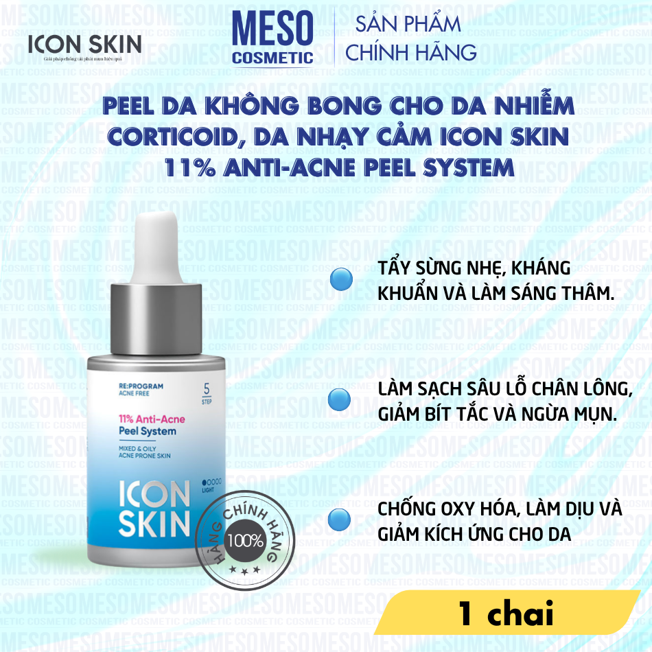 Peel da không bong cho da nhiễm corticoid, da nhạy cảm Icon Skin 11% Anti-Acne Peel System