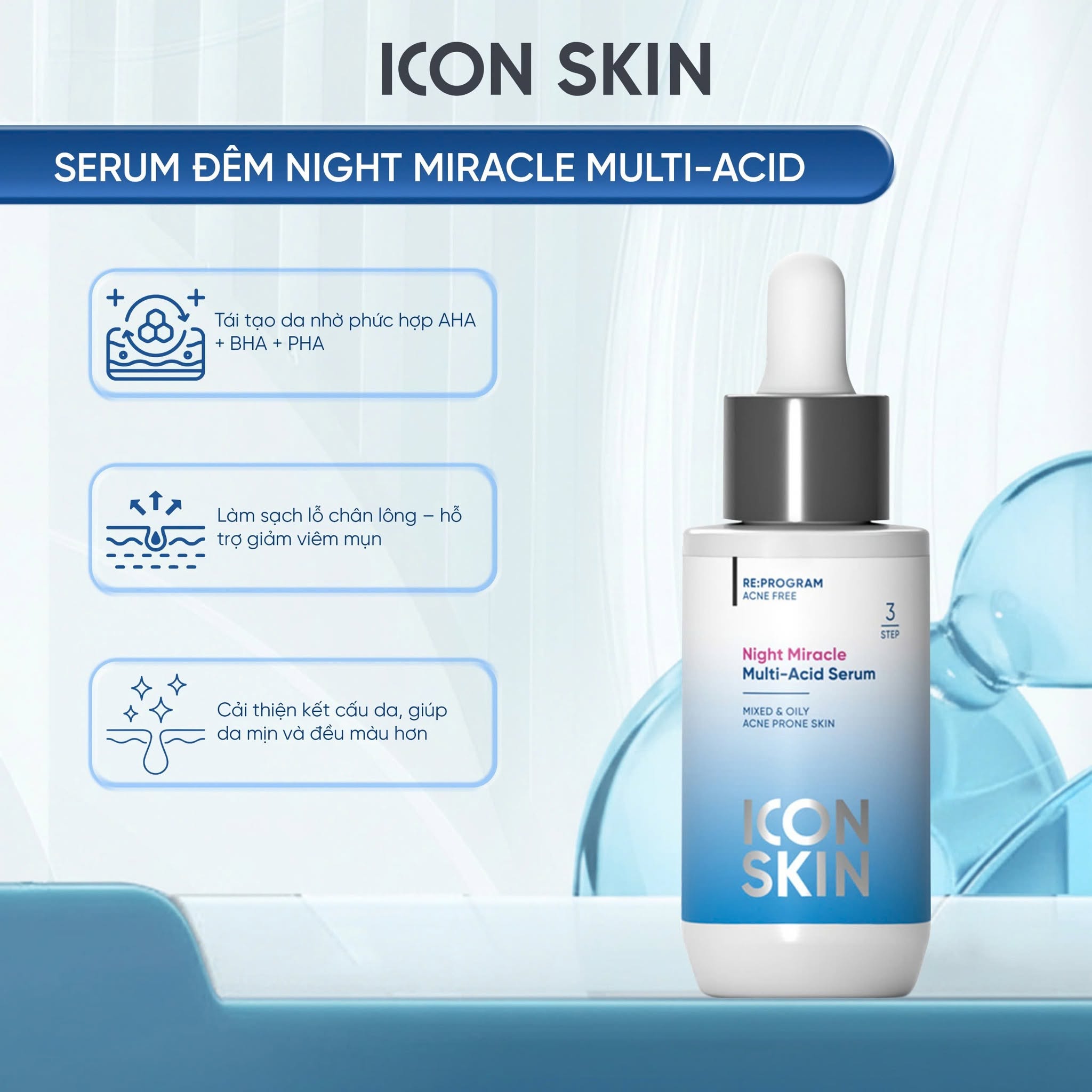Serum ban đêm cho da dầu, da hỗn hợp Icon Skin Night Miracle Multi-Acid Serum