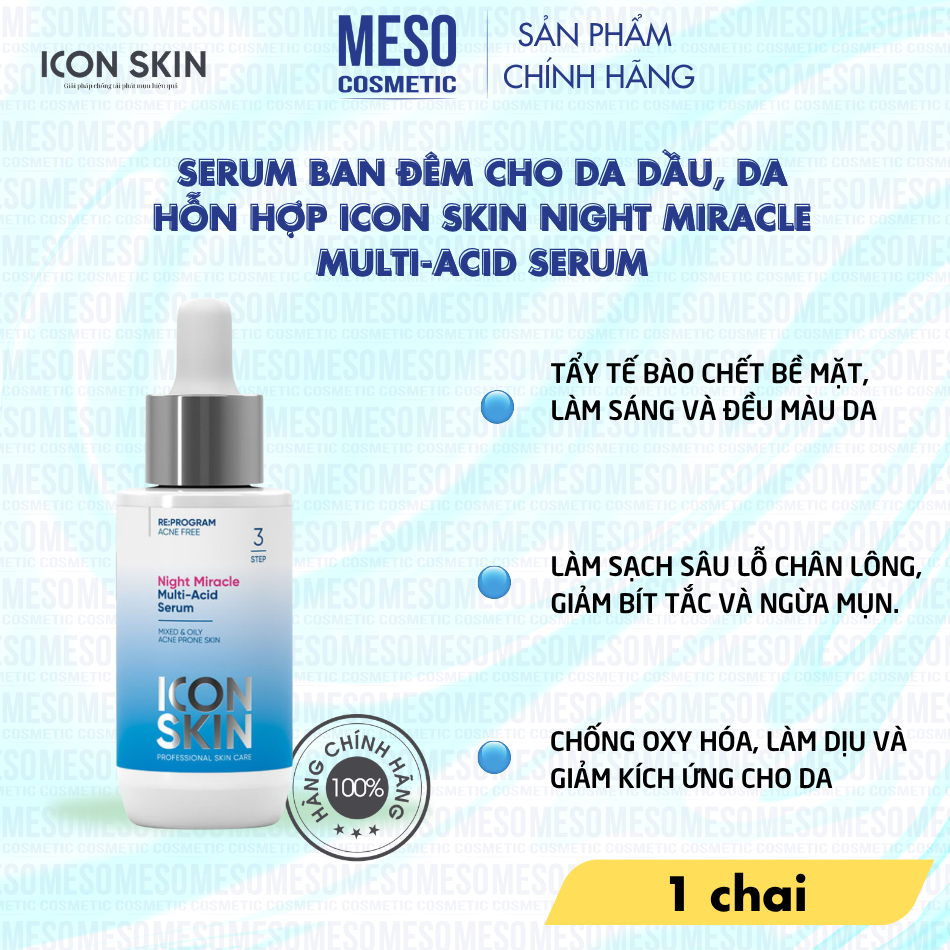 Serum ban đêm cho da dầu, da hỗn hợp Icon Skin Night Miracle Multi-Acid Serum