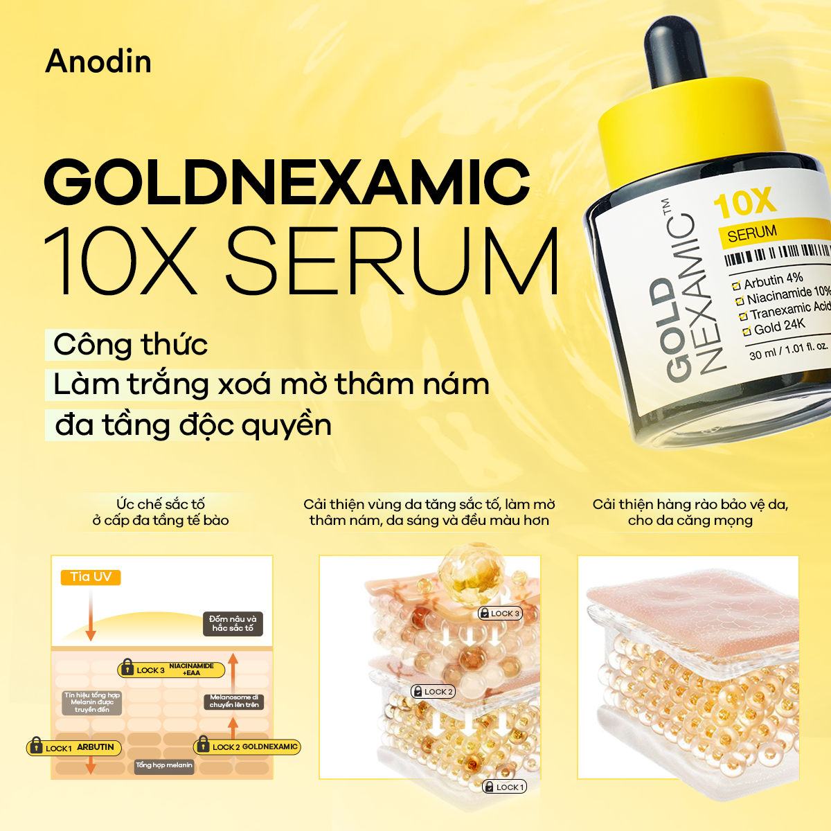 Serum dưỡng trắng, cải thiện sắc tố da đa tầng Anodin GOLDNEXAMIC™ 10X Serum 30ml