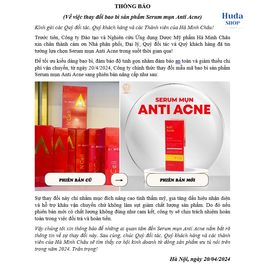 Serum Hỗ Trợ Giảm Mụn Lưng, Viêm Nang Lông N'Cell Anti Acne Serum 20ml