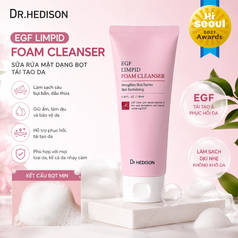 Sữa Rửa Mặt Dạng Bọt Tái Tạo Da Dr.Hedison EGF Limpid Foam Cleanser 180ml Chính Hãng Hàn Quốc