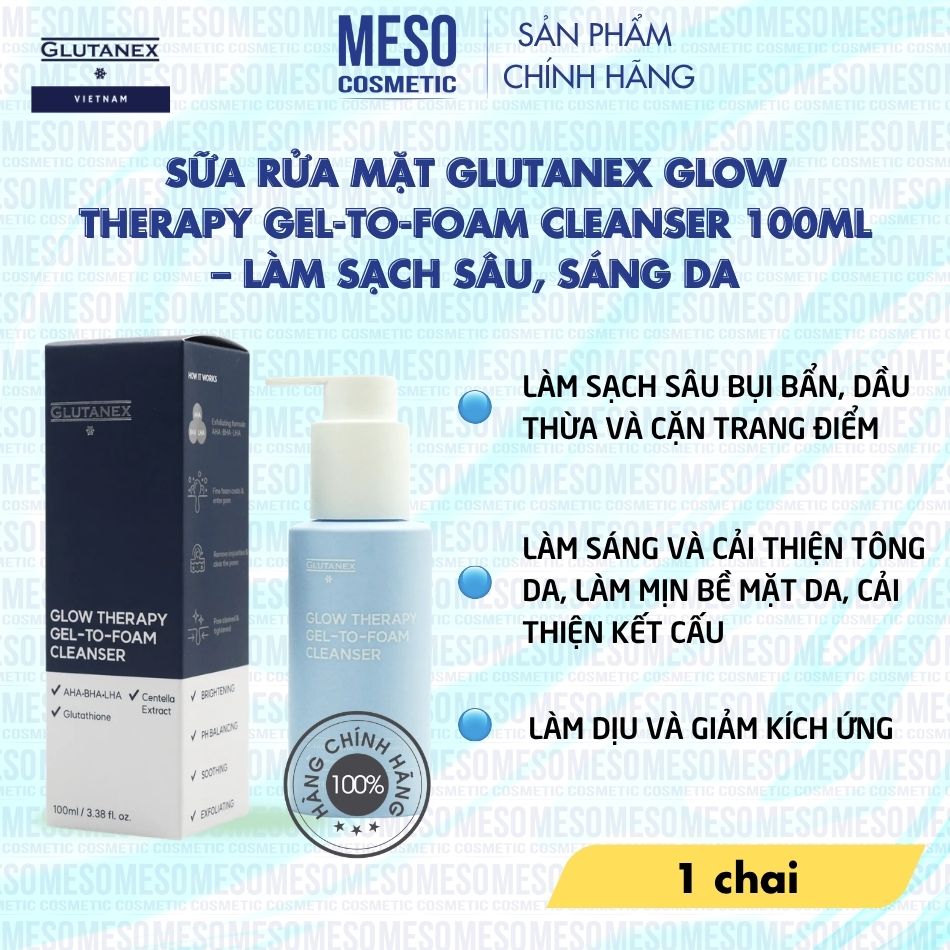 Sữa Rửa Mặt Làm Sạch Sâu, Sáng Da Dịu Nhẹ Glutanex Glow Therapy Gel-to-Foam Cleanser 100ml