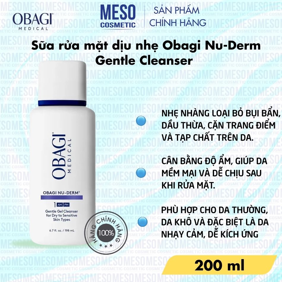 Sữa Rửa Mặt Làm Sạch & Dưỡng Ẩm Da Obagi Nu-Derm Gentle Cleanser 200ml Chính Hãng