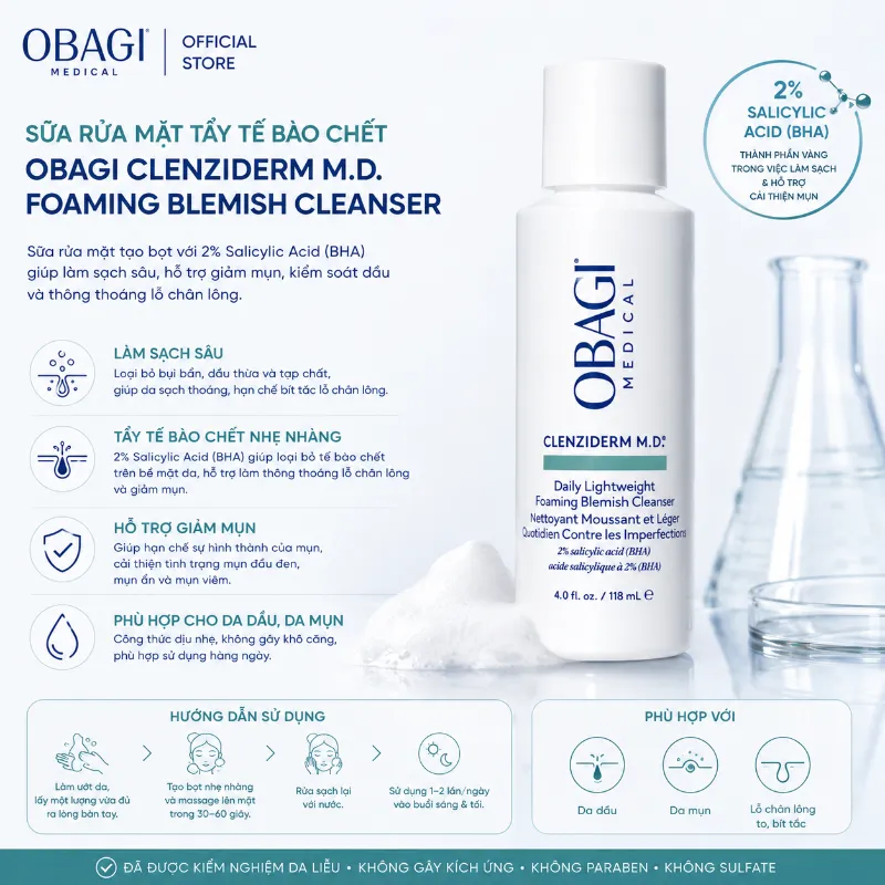 Sữa Rửa Mặt Làm Sạch Sâu, Giảm Dầu Thừa Obagi CLENZIderm M.D. Foaming Blemish 118ml