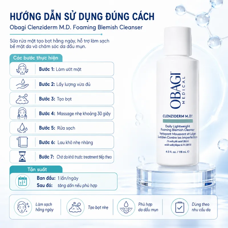 Sữa Rửa Mặt Làm Sạch Sâu, Giảm Dầu Thừa Obagi CLENZIderm M.D. Foaming Blemish 118ml