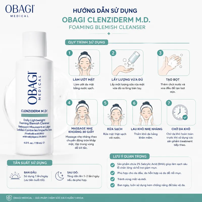 Sữa Rửa Mặt Làm Sạch Sâu, Giảm Dầu Thừa Obagi CLENZIderm M.D. Foaming Blemish 118ml
