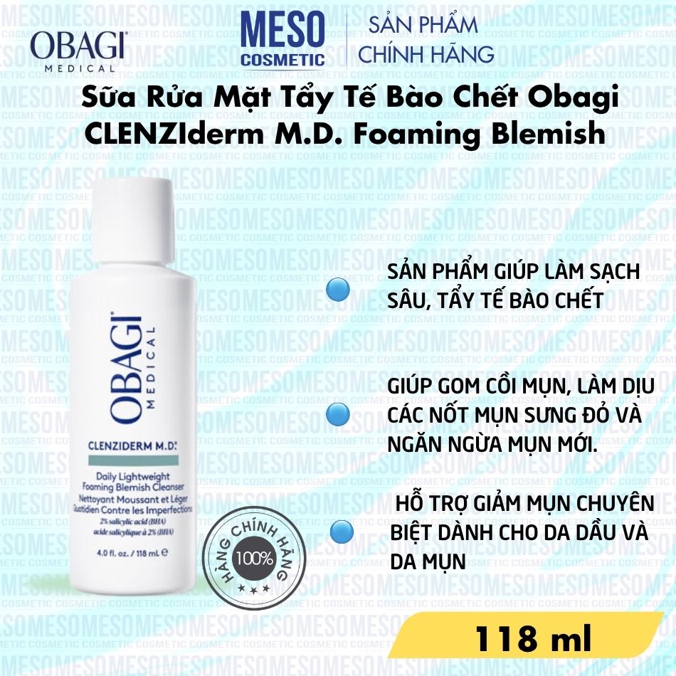 Sữa Rửa Mặt Làm Sạch Sâu, Giảm Dầu Thừa Obagi CLENZIderm M.D. Foaming Blemish 118ml