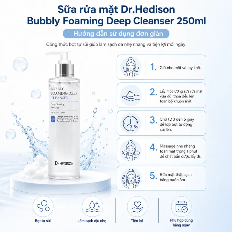 Sữa Rửa Mặt Sủi Bọt Detox Da Dr.Hedison Bubbly Foaming Deep Cleanser 250ml