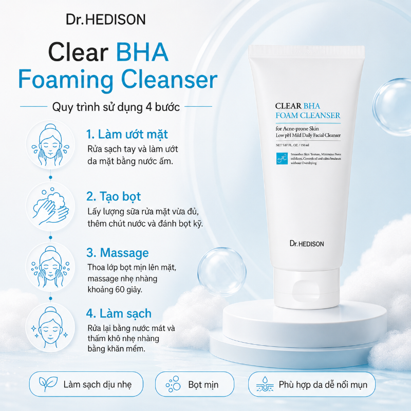 Sữa rửa mặt Dr.HEDISON Clear BHA Foaming Cleanser 180ml