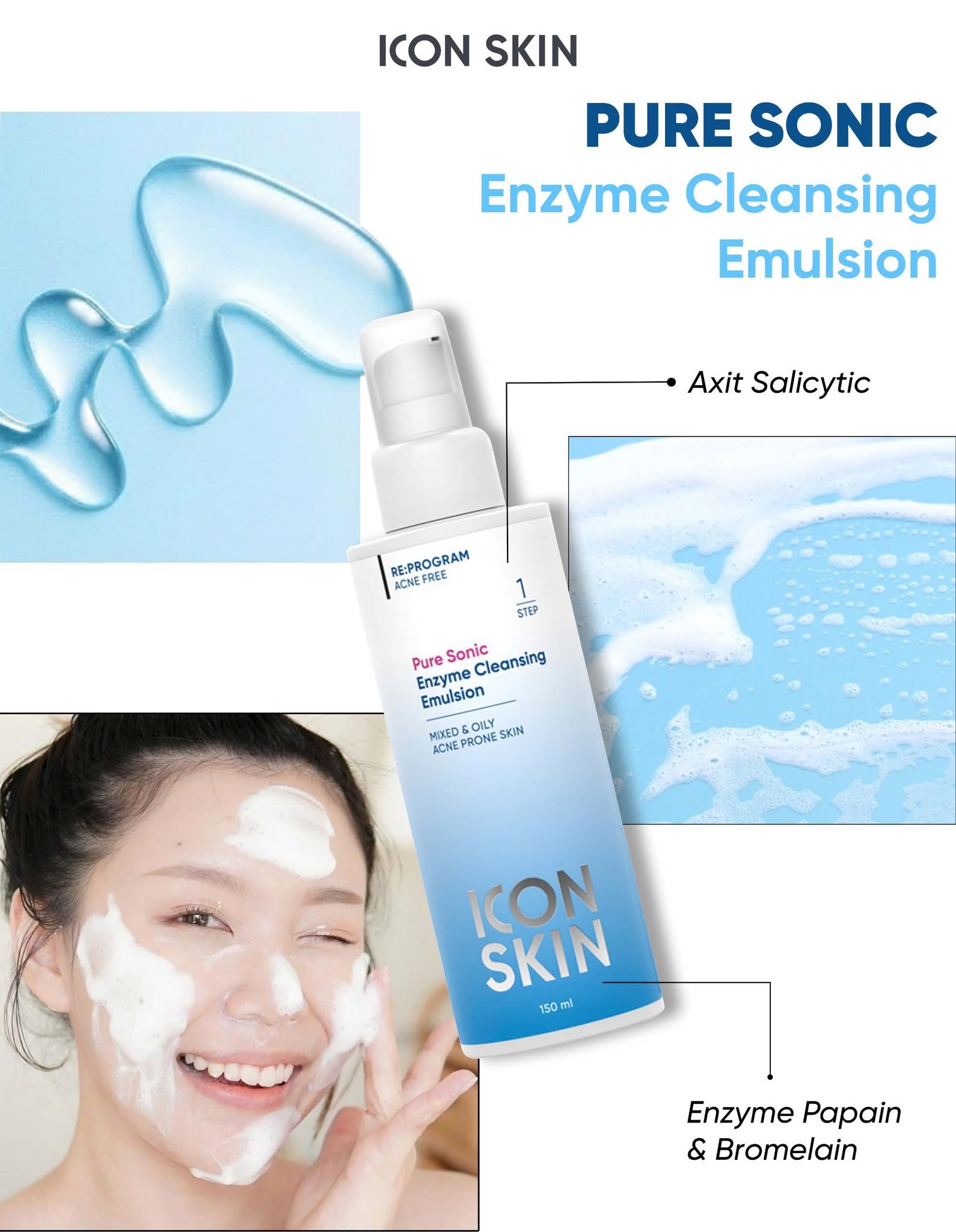 Sữa rửa mặt cho da dầu, da hỗn hợp Icon Skin Pure Sonic Enzyme Cleansing Emulsion