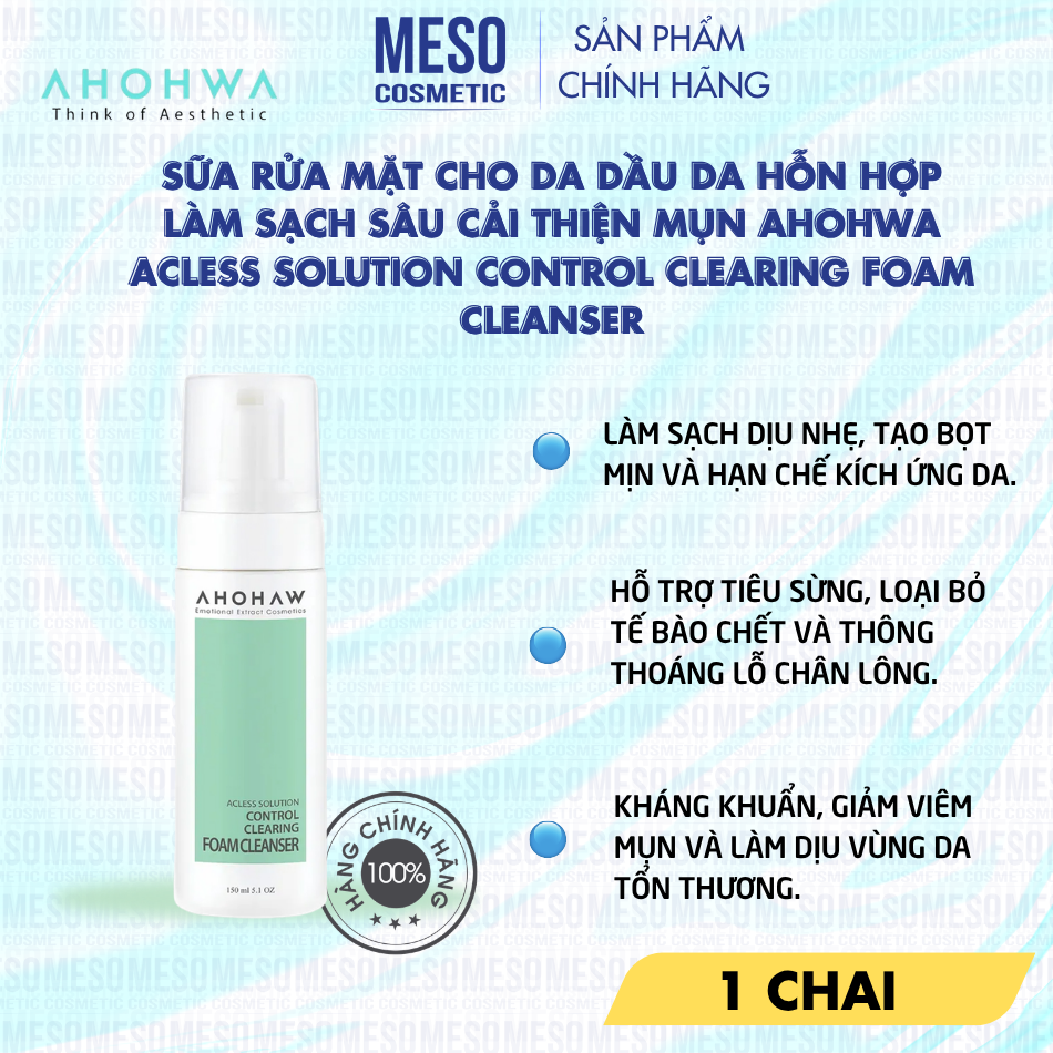 Sữa rửa mặt cho da dầu da hỗn hợp làm sạch sâu cải thiện mụn Ahohwa Acless Solution Control Clearing Foam Cleanser