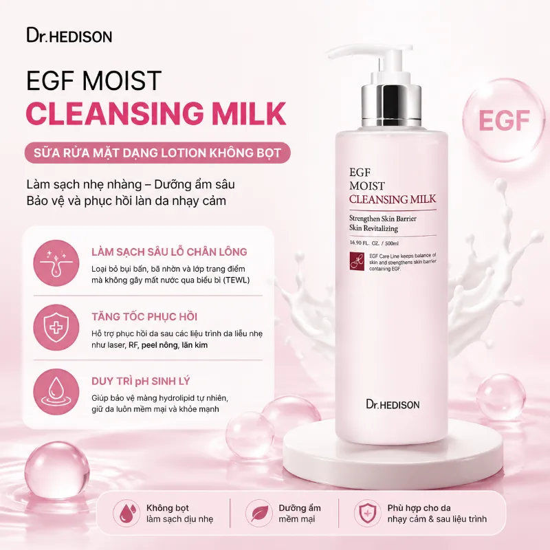 Sữa rửa mặt làm sạch dịu nhẹ, phục hồi da Dr.Hedison EGF Moist Cleansing Milk 500ml