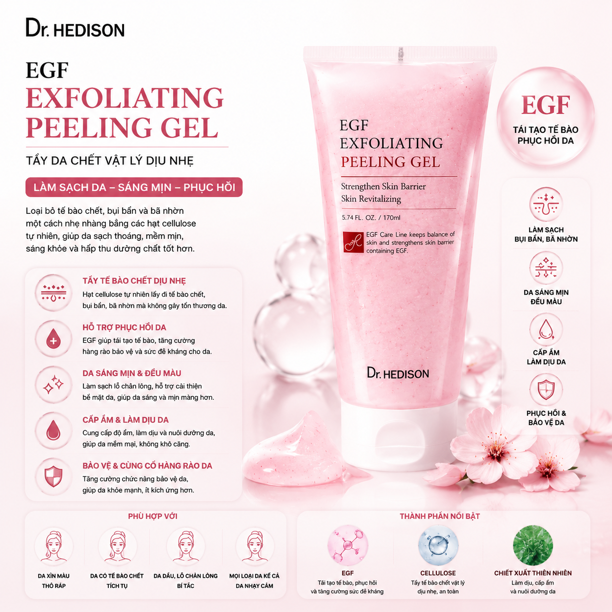 Tẩy da chết vật lý EGF Exfoliating Peeling Gel Dr.Hedison 170ml