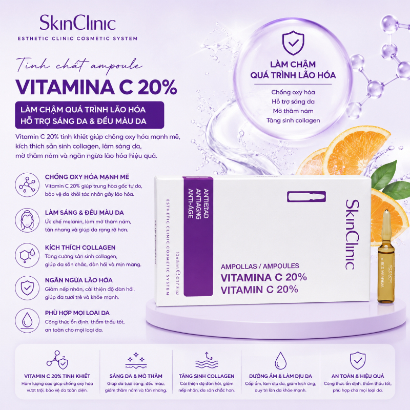 Tinh chất ampoule làm chậm quá trình lão hóa hỗ trợ sáng da SkinClinic Vitamin C 20%