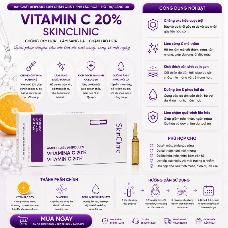 Tinh chất ampoule làm chậm quá trình lão hóa hỗ trợ sáng da SkinClinic Vitamin C 20%