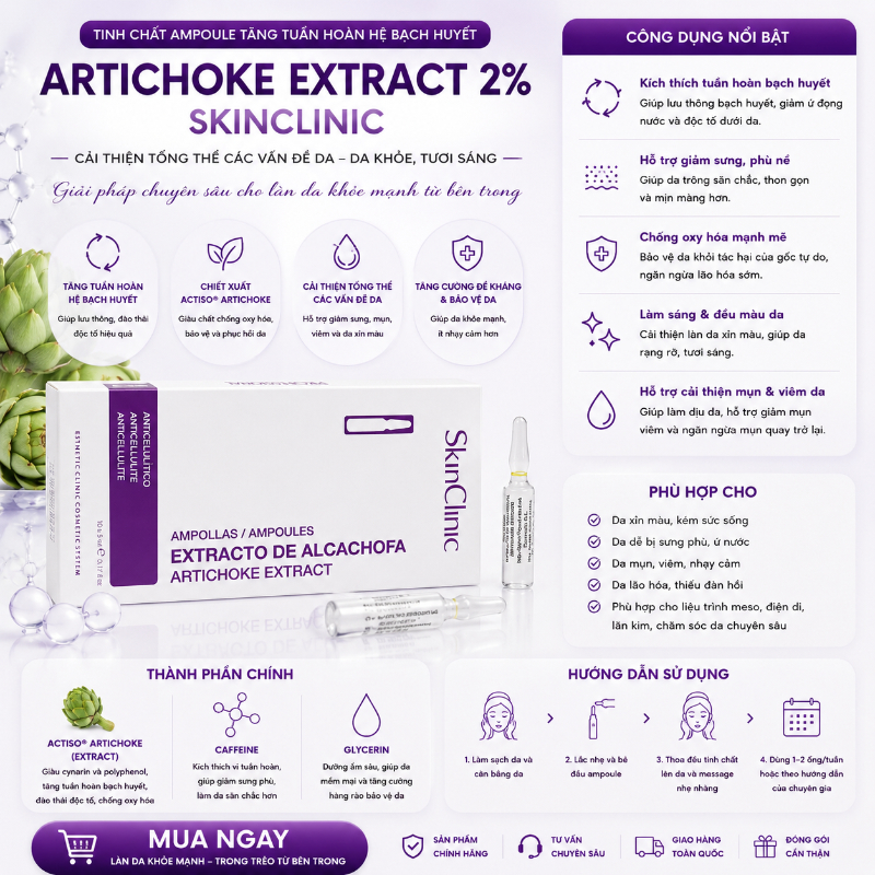 Tinh chất ampoule tăng tuần hoàn hệ bạch huyết cải thiện tổng thể các vấn đề da SkinClinic Artichoke Extract 2%