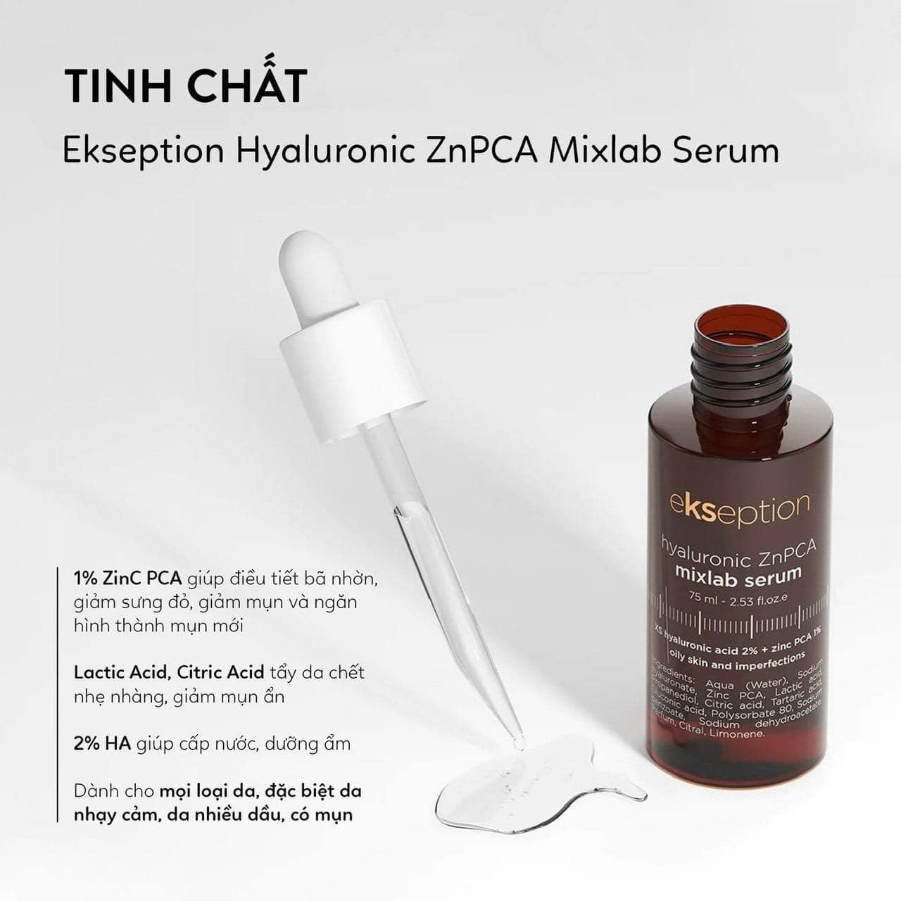 Tinh chất hỗ trợ giảm mụn và giảm dầu thừa trên da EKSEPTION HYALURONIC ZNPCA MIXLAB SERUM