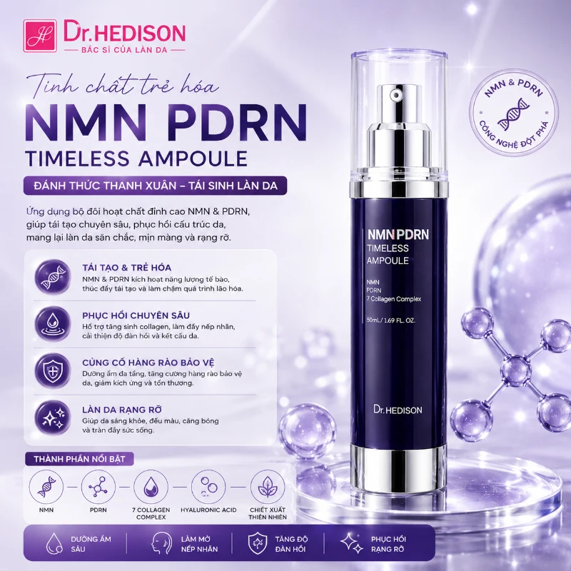 Tinh chất phục hồi da, tăng đàn hồi và chống lão hóa toàn diện NMN PDRN Timeless Ampoule Dr.Hedison 50ml