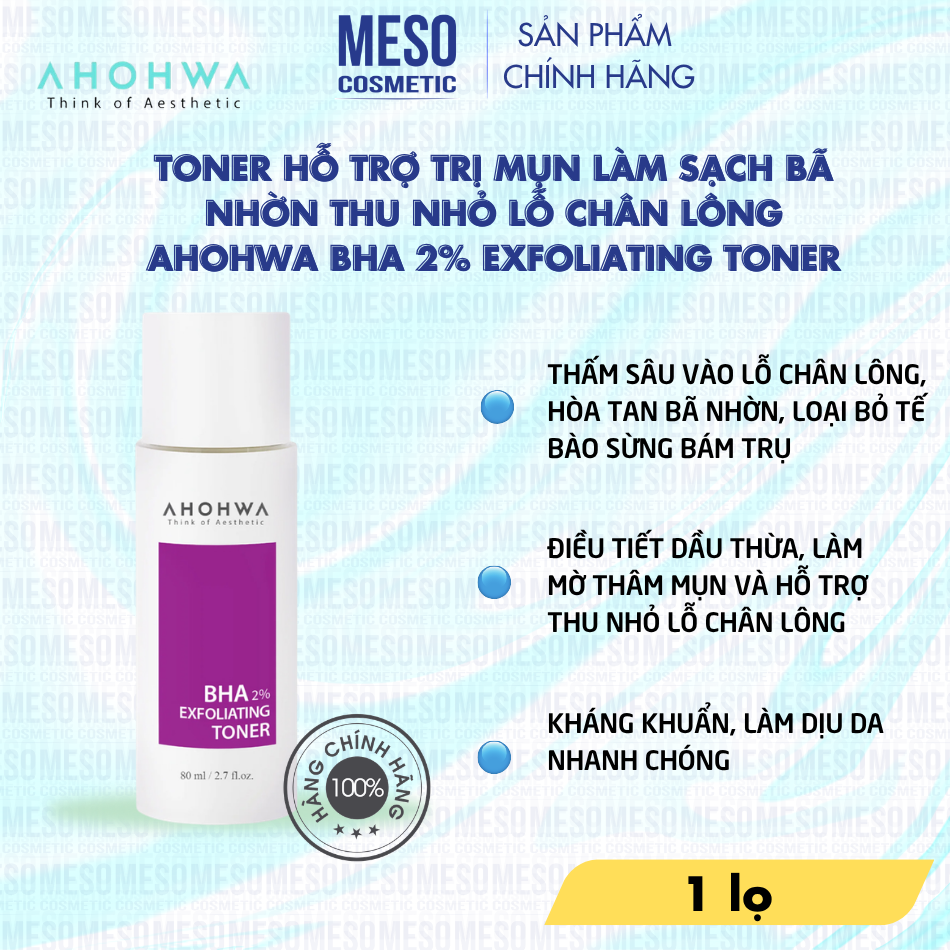 Toner hỗ trợ giảm mụn làm sạch bã nhờn thu nhỏ lỗ chân lông Ahohwa BHA 2% Exfoliating Toner