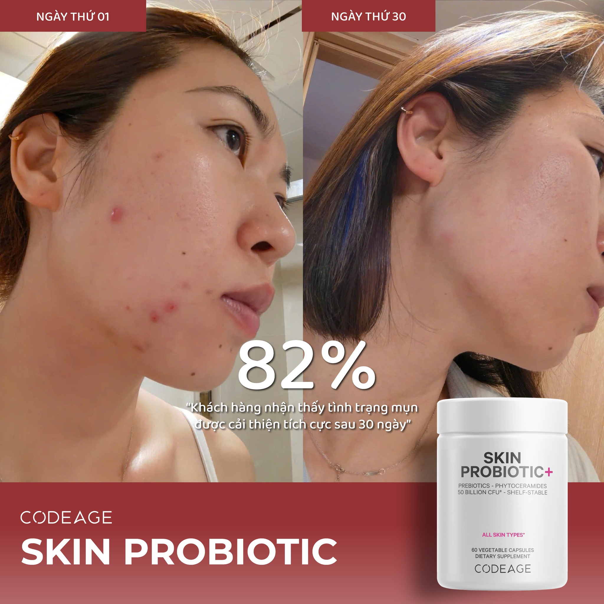 Viên lợi khuẩn cân bằng vi sinh làm đẹp da Codeage Skin Probiotic lọ 60 viên