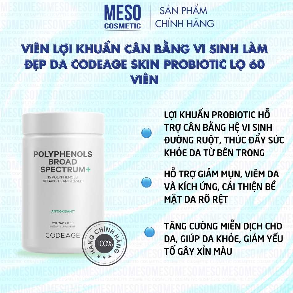 Viên lợi khuẩn cân bằng vi sinh làm đẹp da Codeage Skin Probiotic lọ 60 viên