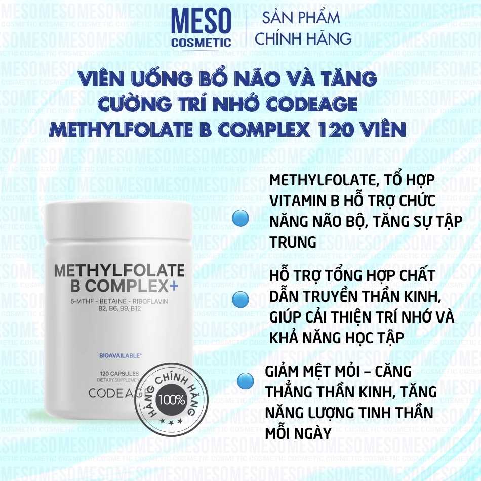Viên uống bổ não và tăng cường trí nhớ Codeage Methylfolate B Complex 120 viên