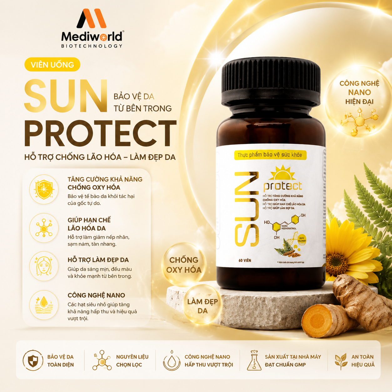 Viên uống chống lão hóa và làm đẹp da Mediworld Sun Protect 60 viên