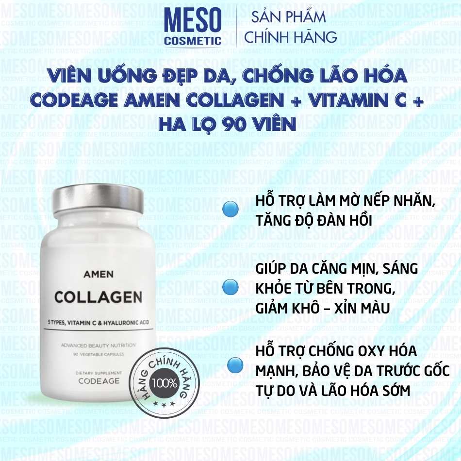 Viên uống đẹp da, chống lão hóa Codeage Amen Collagen + Vitamin C + HA lọ 90 viên