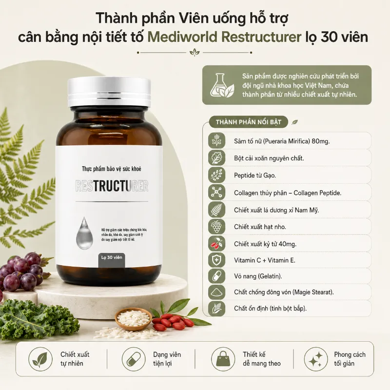 Viên uống hỗ trợ cân bằng nội tiết tố Mediworld Restructurer lọ 30 viên