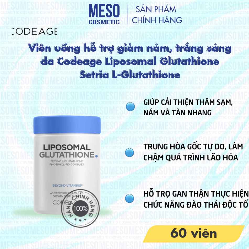 Viên uống hỗ trợ giảm nám, trắng sáng da Codeage Liposomal Glutathione Setria L-Glutathione