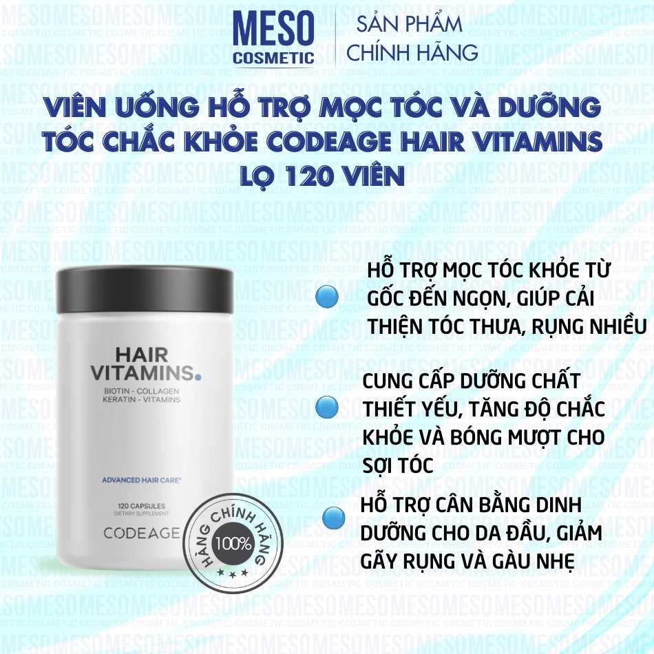 Viên uống hỗ trợ mọc tóc và dưỡng tóc chắc khỏe Codeage Hair Vitamins lọ 120 viên