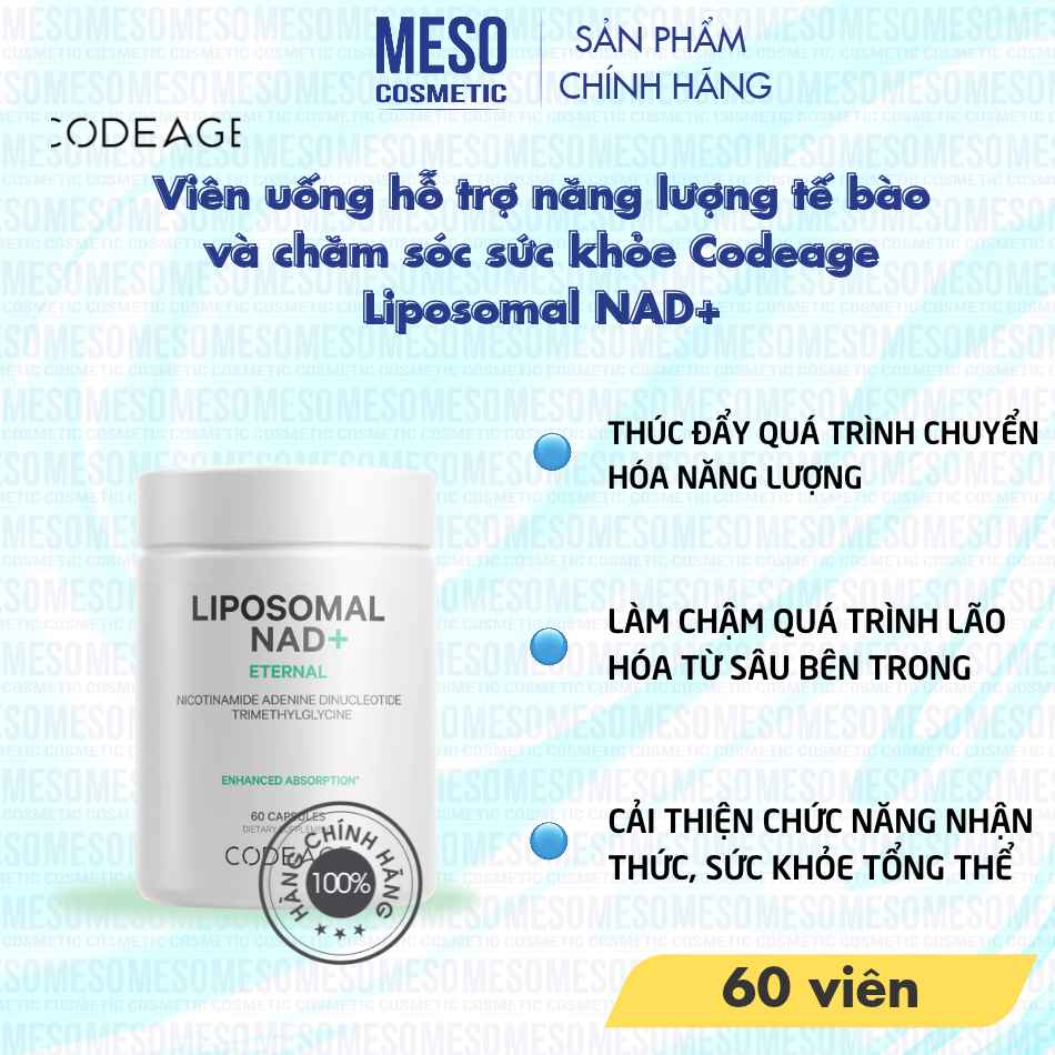 Viên uống hỗ trợ năng lượng tế bào và chăm sóc sức khỏe Codeage Liposomal NAD+