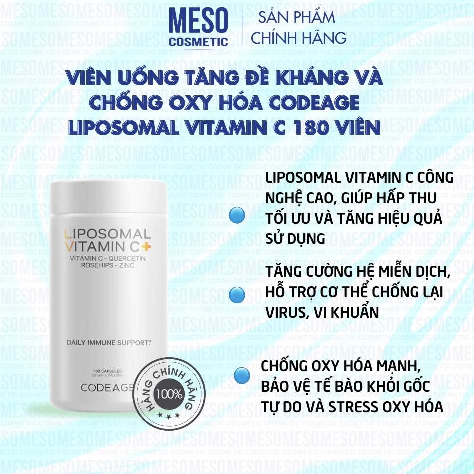 Viên uống tăng đề kháng và chống oxy hóa Codeage Liposomal Vitamin C 180 viên